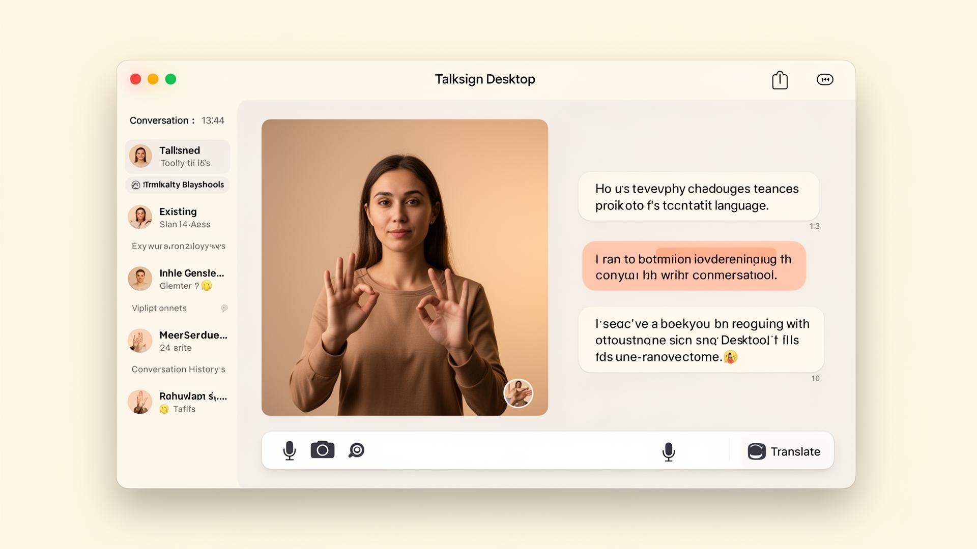 Talksign Desktop app showing real-time sign language translation during a video conversation